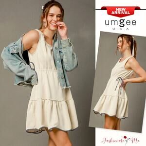 Umgee Frill Drawstring Waist Scoop Neck Loose Fit Casual Mini Tank Dress | Cream